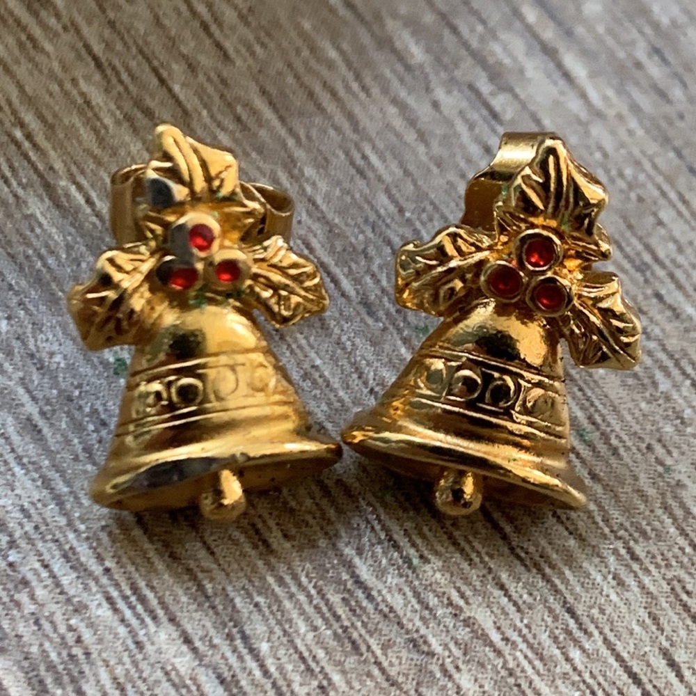 Vintage 90s Holiday Gold Tone Bell Earrings  Pierced Earring Gift Boxed